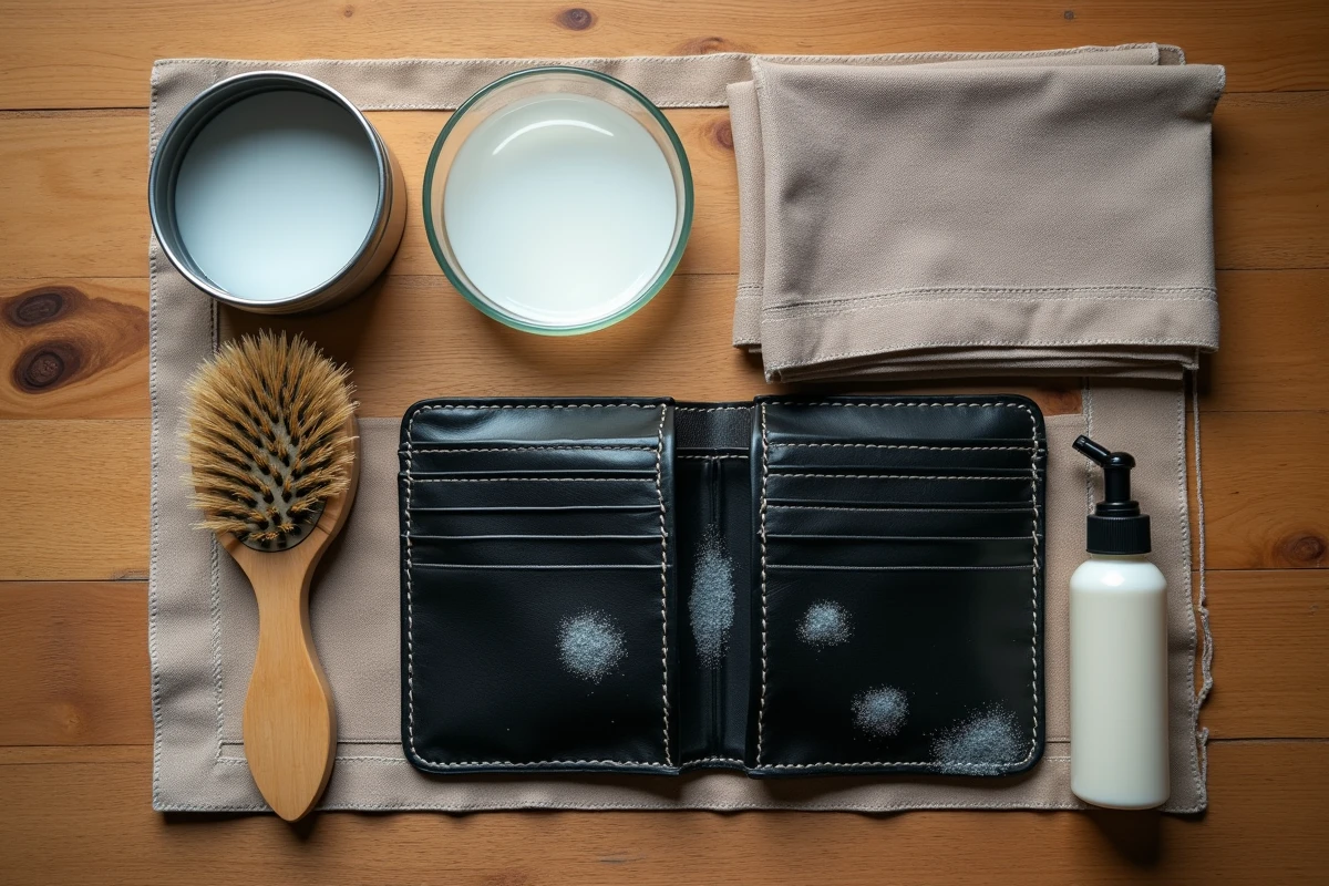 Vue à plat des accessoires pour nettoyer un portefeuille en cuir moisi avec du vinaigre et un conditionneur