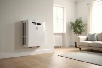 Accumulateur électrique blanc moderne fixé au mur dans un salon minimaliste calme avec parquet en chêne