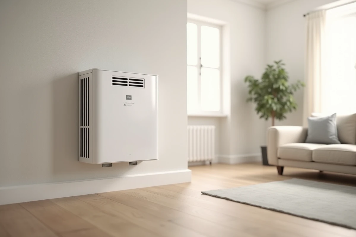 Accumulateur électrique blanc moderne fixé au mur dans un salon minimaliste calme avec parquet en chêne