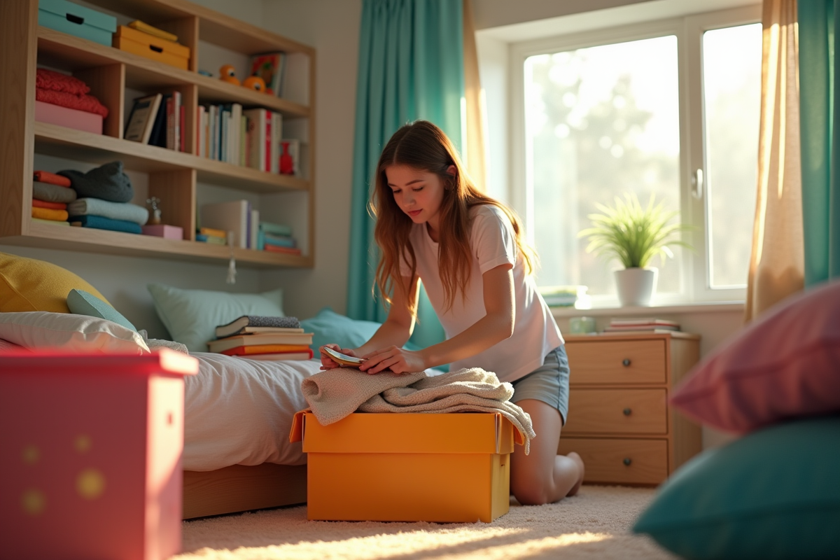 Adolescent rangeant livres et vêtements dans une chambre colorée