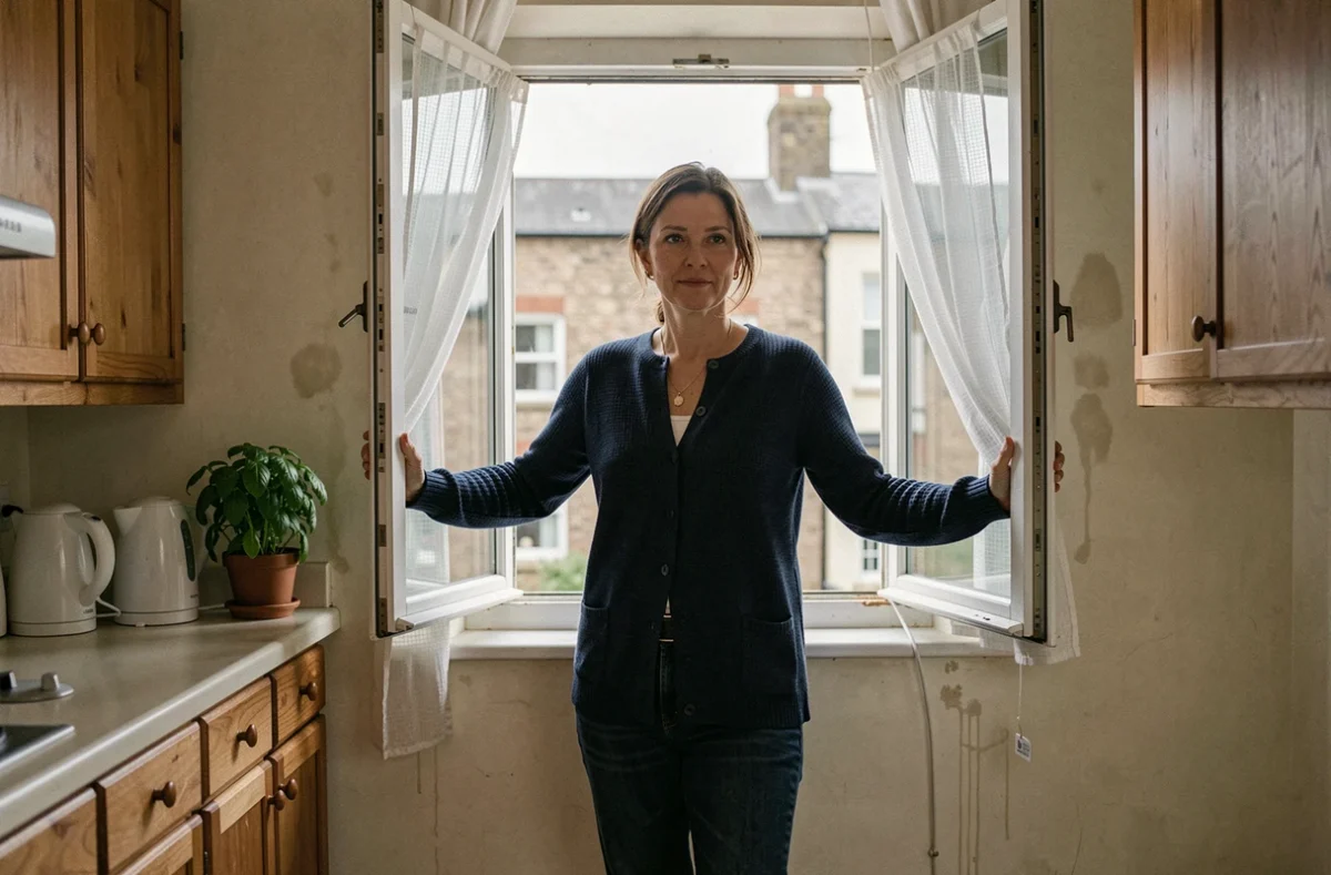 Femme locataire aérant la cuisine de son appartement pour chasser les odeurs d'humidité