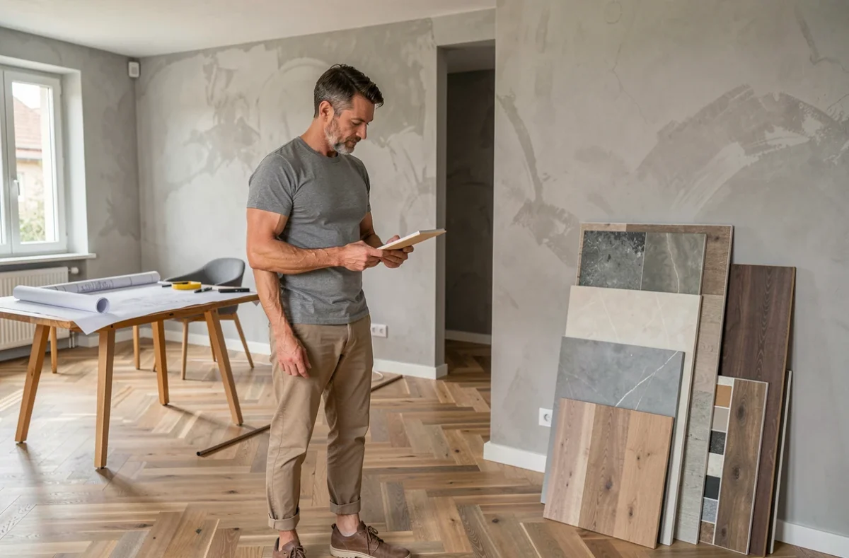 Chantier de rénovation intérieure suivi par l'Agence Deco Design dans le Bas-Rhin avec plans et échantillons de matériaux