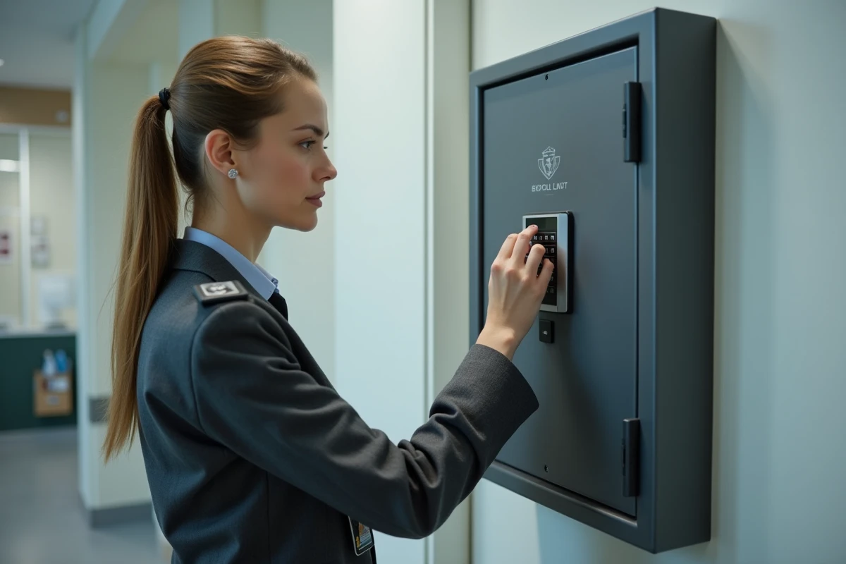 Agente de sécurité professionnelle déverrouillant un coffre clé sécurisé à code dans l'arrière-salle d'un hôtel ou d'un hôpital