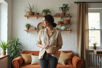 Femme aménageant un petit appartement studio avec des étagères ouvertes et une décoration chaleureuse et organisée