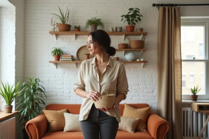 Femme aménageant un petit appartement studio avec des étagères ouvertes et une décoration chaleureuse et organisée