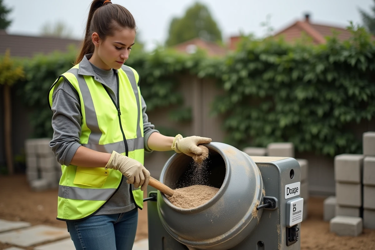 Apprentie maçonne dosant le béton à la pelle avec une bétonnière électrique dans un jardin