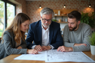 Architecte et couple discutant plans dans une cuisine lumineuse