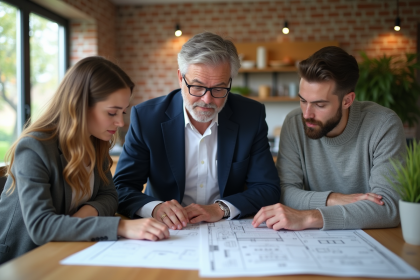 Architecte et couple discutant plans dans une cuisine lumineuse