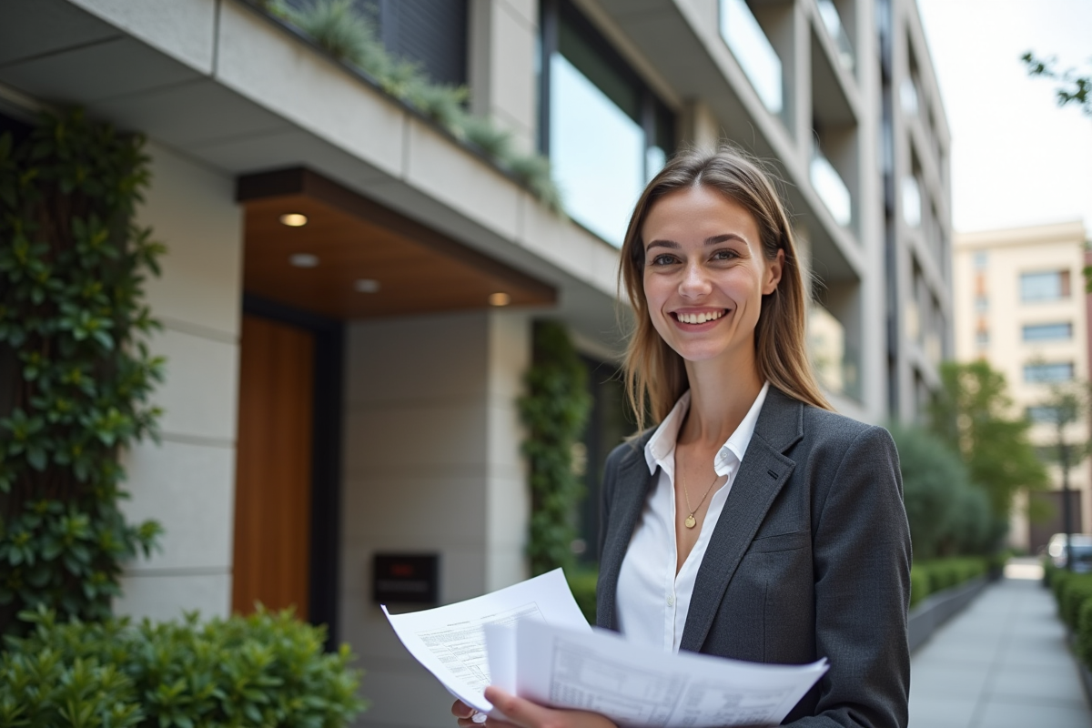 Architecte posant devant façade de bâtiment modernisé