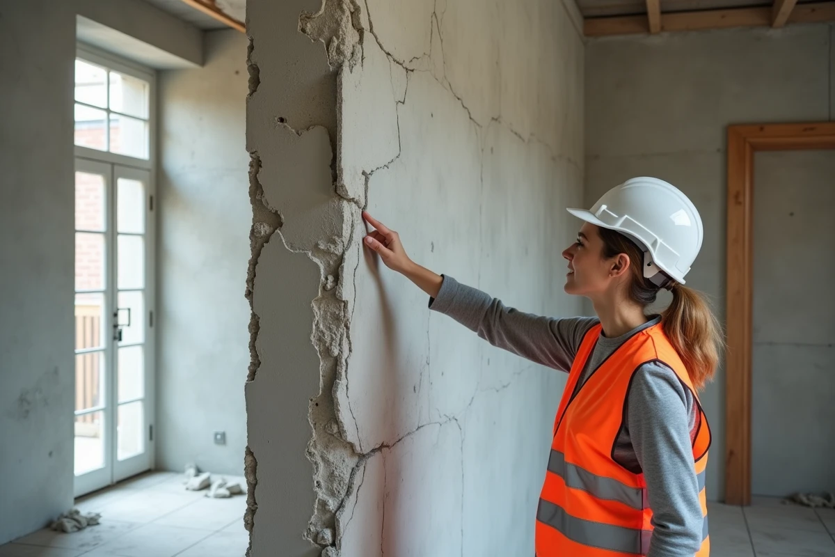 Architecte sur un chantier de rénovation indiquant un mur de refend porteur en maçonnerie avec contraste de matériaux visibles