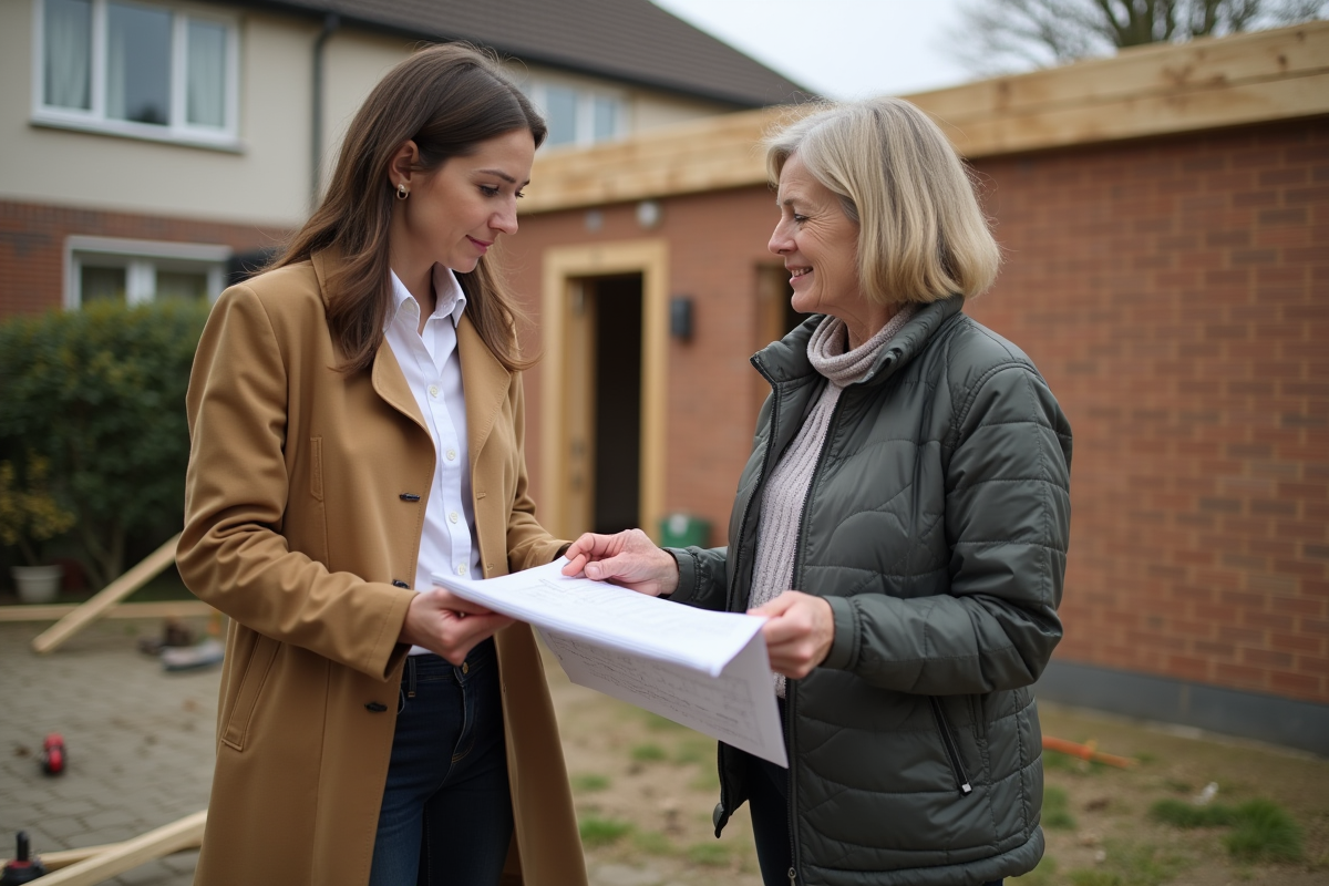 Architecte femme parlant de travaux d extension devant une maison