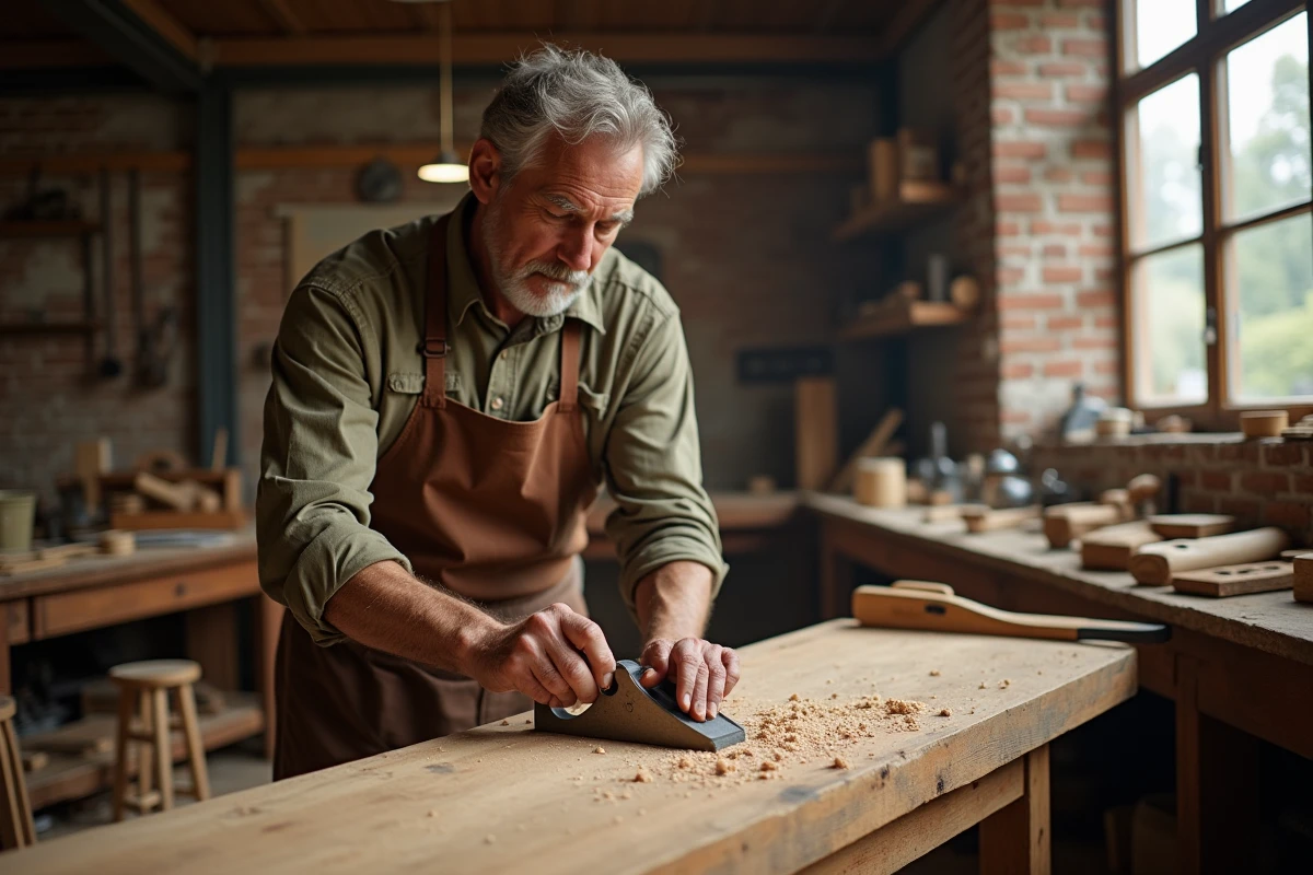 Artisan ébéniste travaillant le bois massif dans un atelier traditionnel, illustrant le mobilier artisanal durable