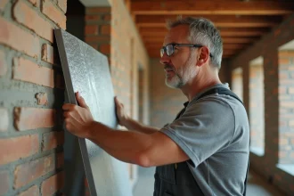 Artisan inspectant une plaque d'isolation thermique rigide contre un mur intérieur en brique lors de travaux de rénovation