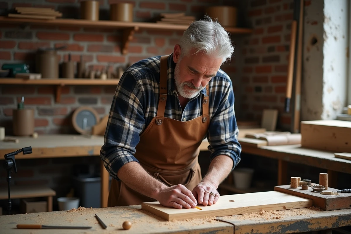 Artisan menuisier mesurant une planche en bois dans son atelier traditionnel, entouré d'outils de travail