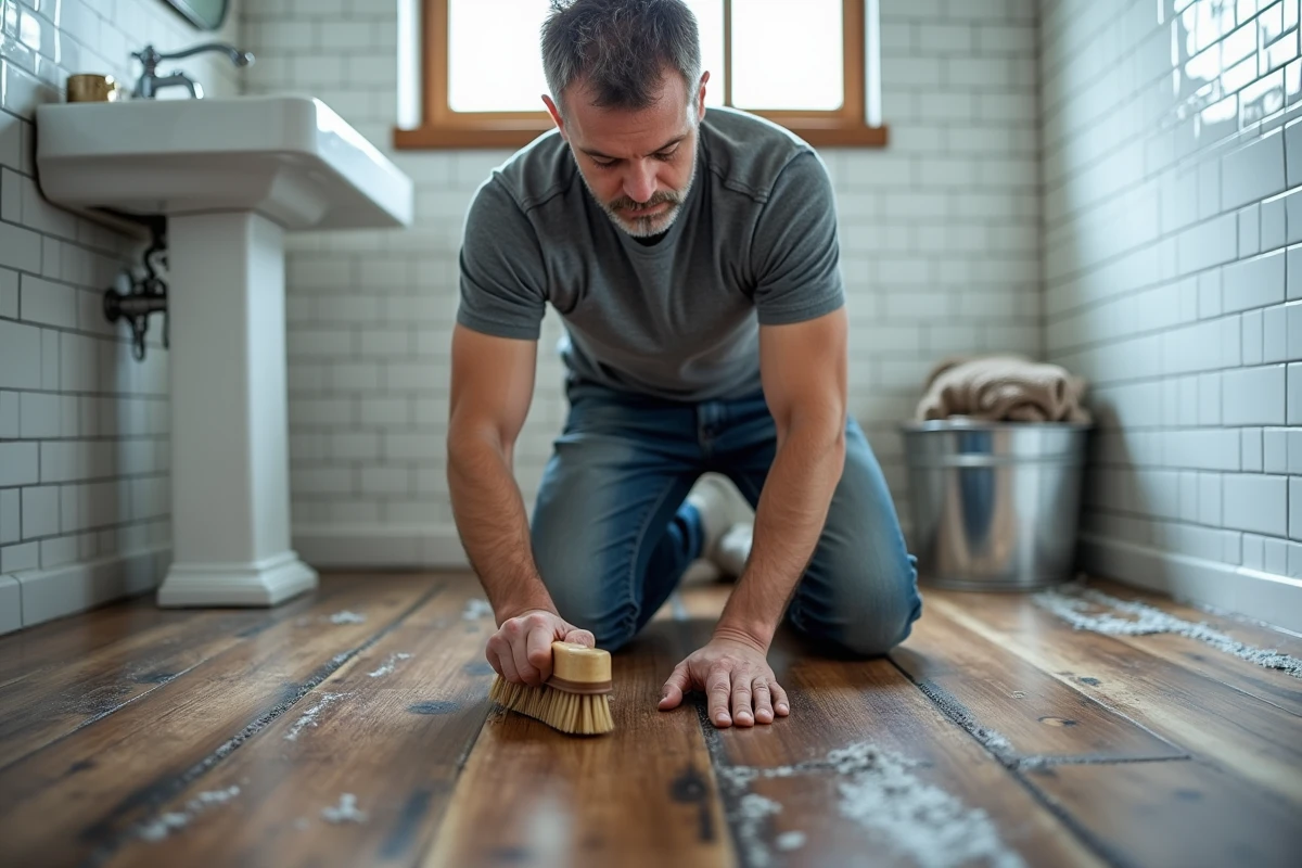Artisan appliquant un traitement sur un parquet noirci et abîmé par l'humidité dans une salle de bain