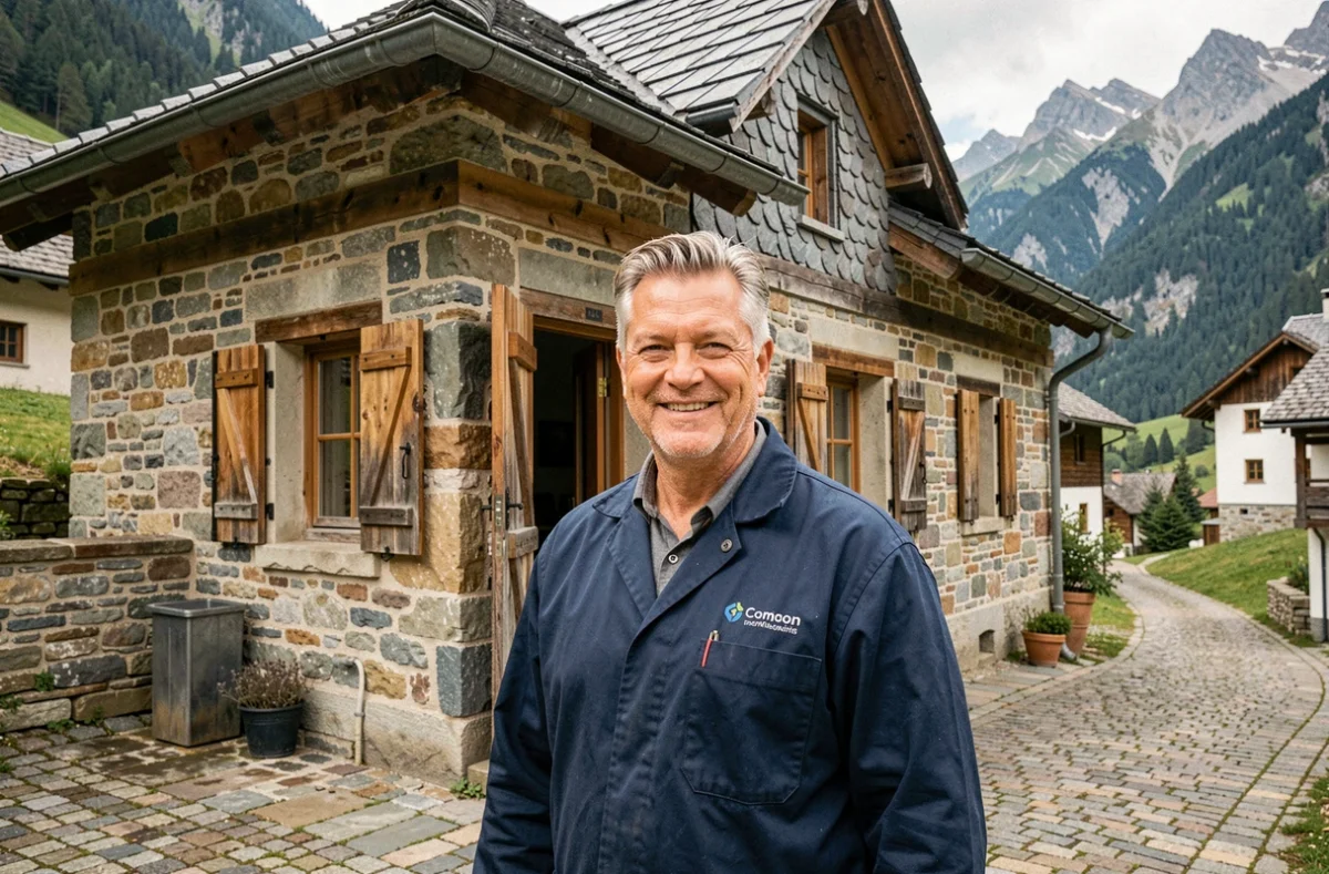Un artisan d'Artisavoie posant fièrement devant un chalet savoyard entièrement restauré avec façade en pierre et toiture en ardoise