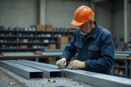 Ouvrier assemblant des tubes en aluminium rectangulaires sur un établi dans un atelier industriel