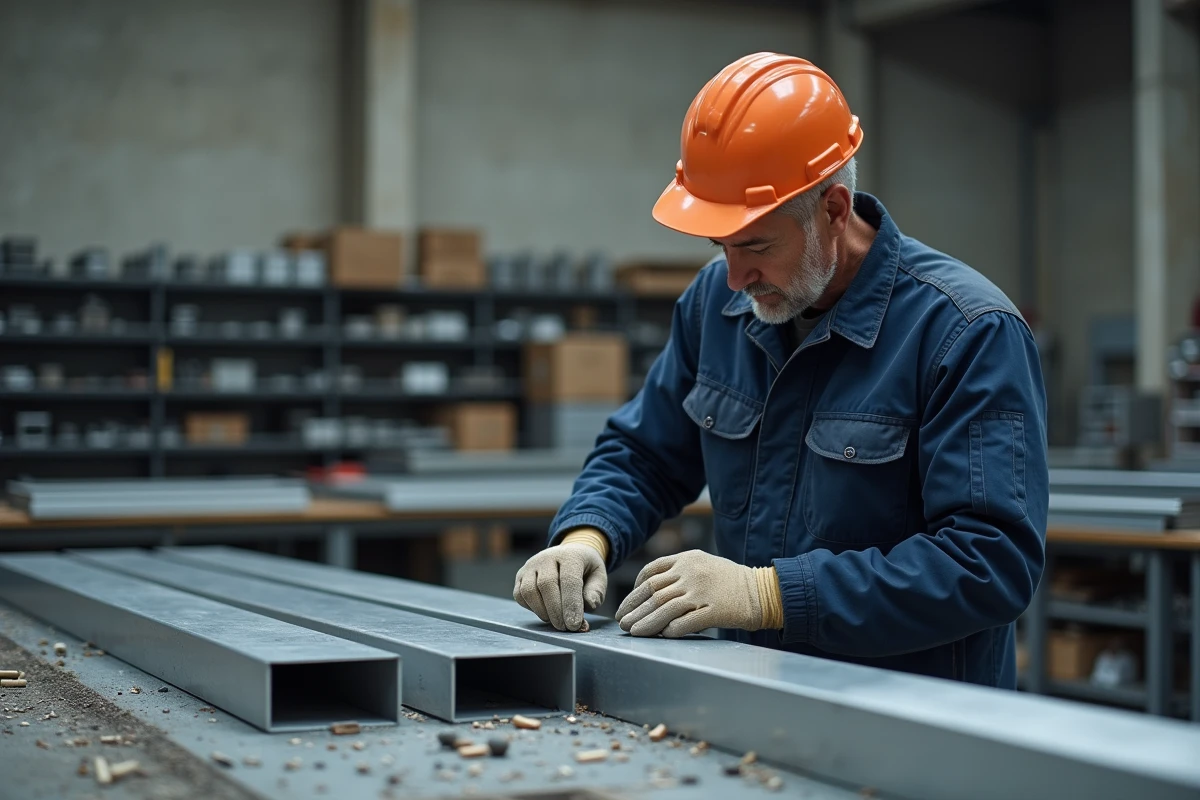 Ouvrier assemblant des tubes en aluminium rectangulaires sur un établi dans un atelier industriel