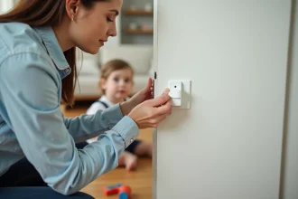 Assistante maternelle installant une pince anti-doigt sur une porte intérieure pour sécuriser l'environnement d'un jeune enfant