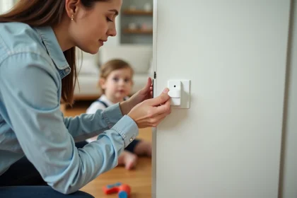 Assistante maternelle installant une pince anti-doigt sur une porte intérieure pour sécuriser l'environnement d'un jeune enfant