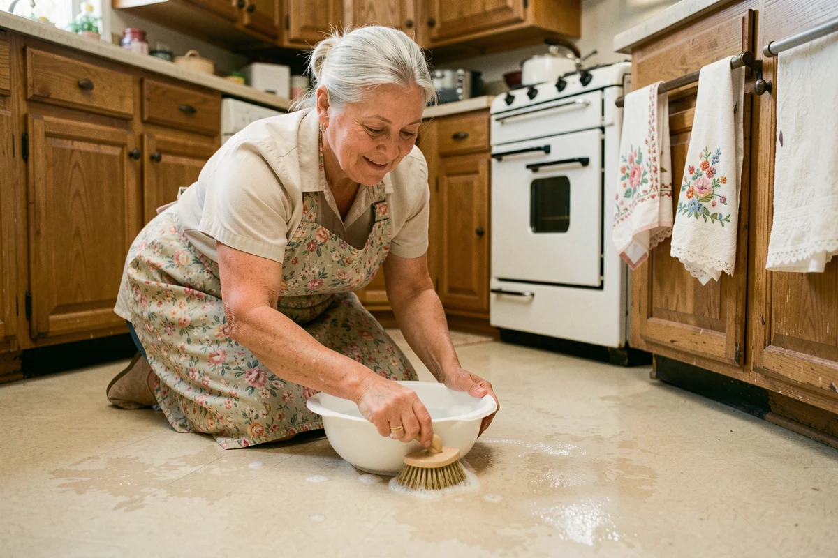 Grand-mère agenouillée sur un lino beige en train de le frotter avec une brosse naturelle et un mélange maison au vinaigre blanc dans une cuisine vintage