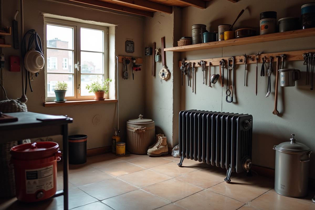 Atelier organisé avec radiateur électrique portable dans un sous-sol