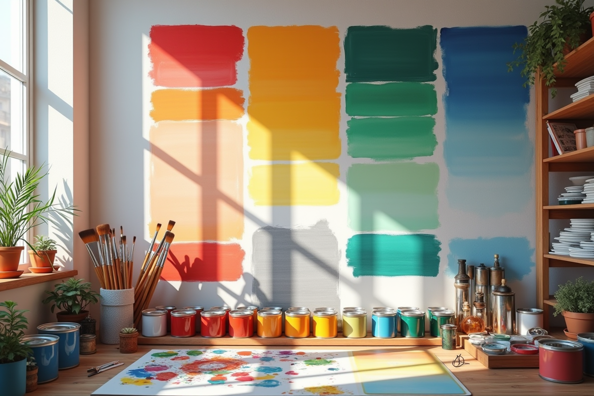 Atelier d artiste avec nuanciers et palettes de couleurs