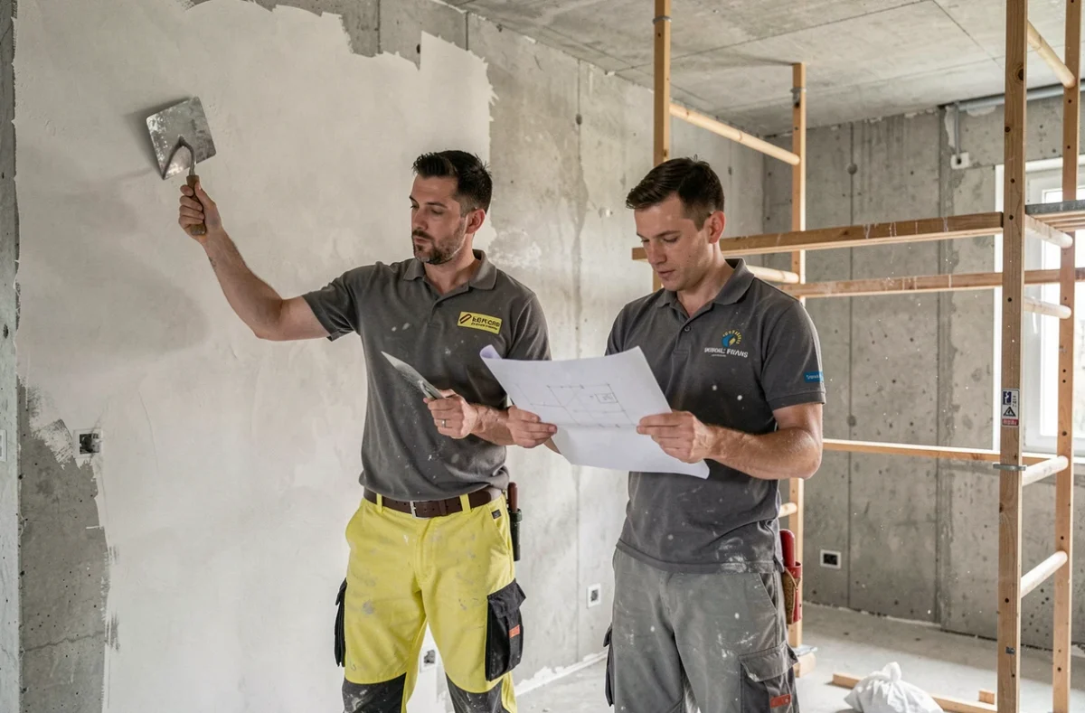 Deux artisans d'Avenir Rénovations appliquant du plâtre dans un appartement en rénovation à Aix-les-Bains