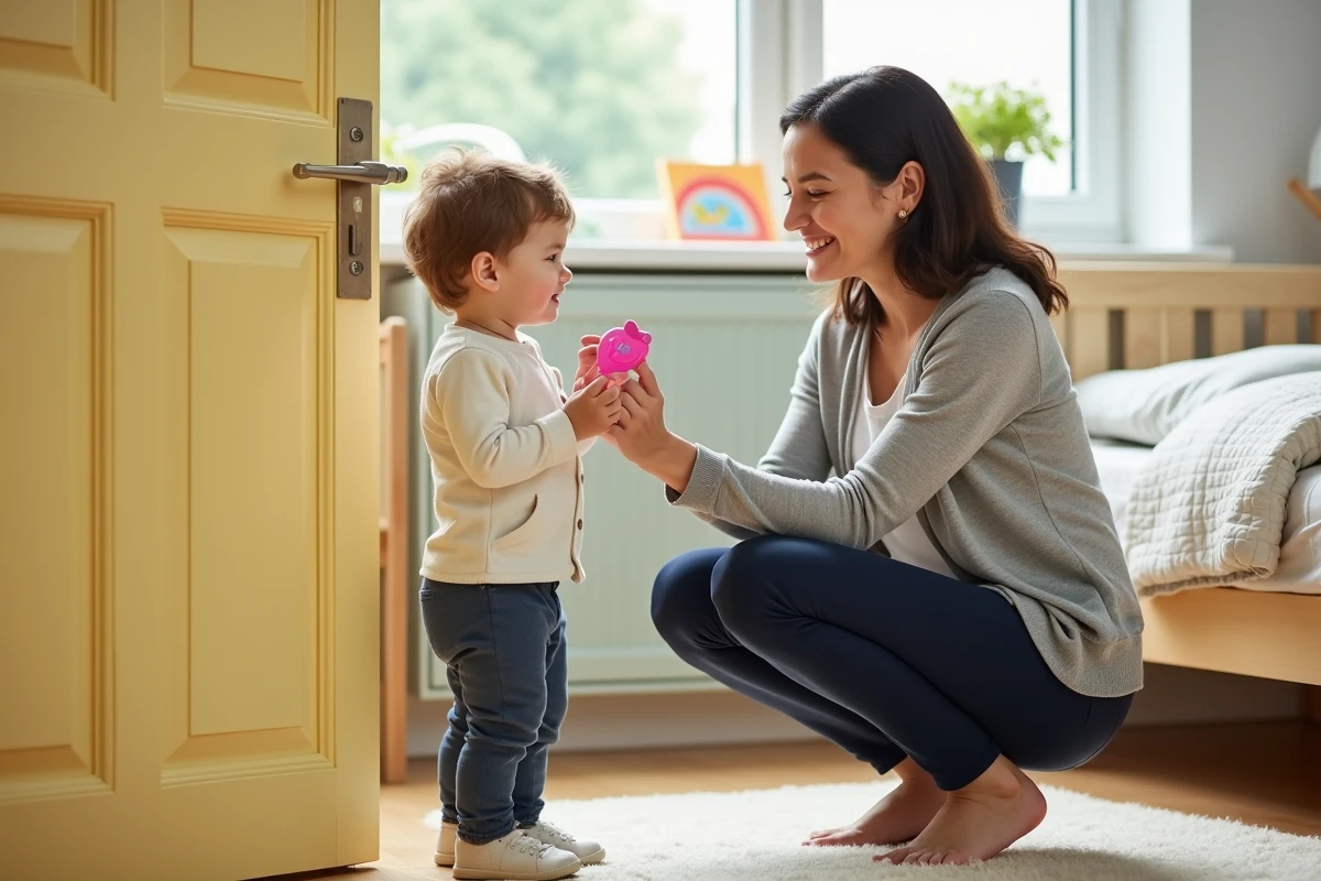 Babysitter montrant une pince de protection de doigts à un tout-petit dans une chambre d'enfant sécurisée