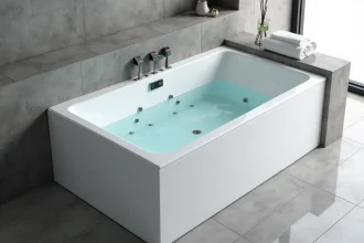Baignoire rectangulaire balnéo encastrée avec jets hydromassants dans une salle de bain moderne aux carrelages gris