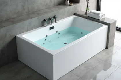 Baignoire rectangulaire balnéo encastrée avec jets hydromassants dans une salle de bain moderne aux carrelages gris