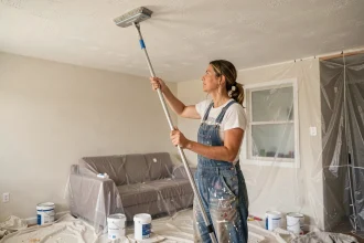 Femme utilisant un balai plafond spécial avec tête microfibre pour peindre et nettoyer un plafond lors de travaux de rénovation