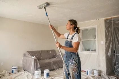 Femme utilisant un balai plafond spécial avec tête microfibre pour peindre et nettoyer un plafond lors de travaux de rénovation