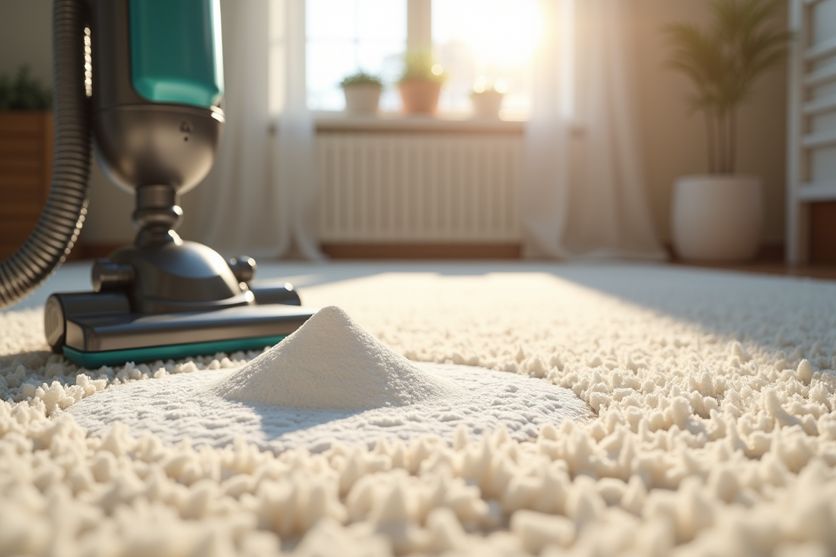 Bicarbonate saupoudré sur un tapis avec aspirateur dans un intérieur lumineux