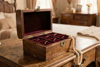 Boîte à bijoux vintage en bois ouverte sur une coiffeuse rustique, avec bagues en or et collier de perles