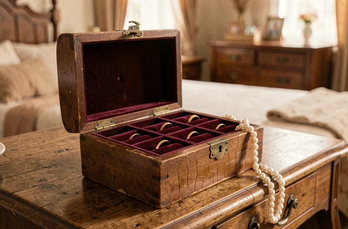 Boîte à bijoux vintage en bois ouverte sur une coiffeuse rustique, avec bagues en or et collier de perles