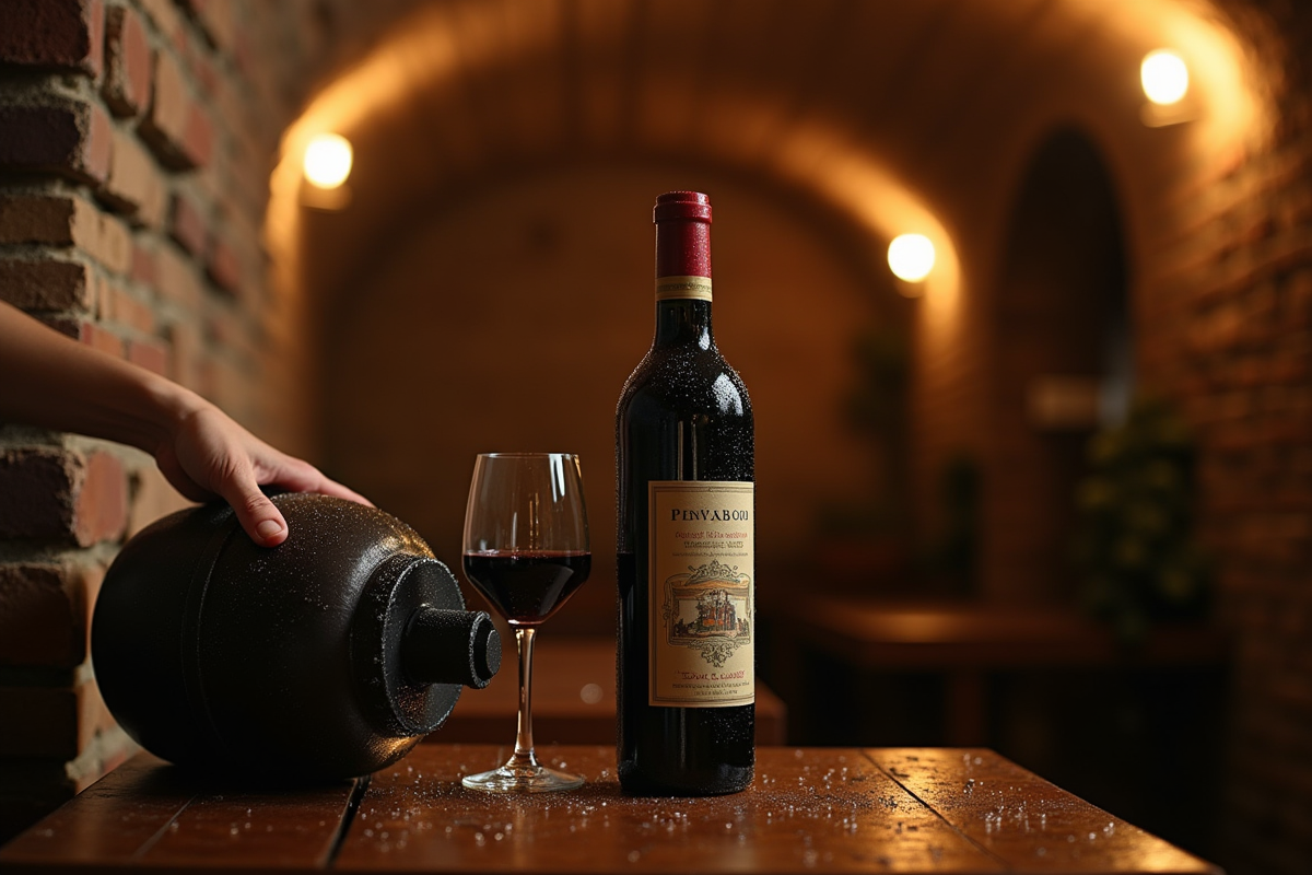 Bouteille de vin avec gouttes dans cave en pierre