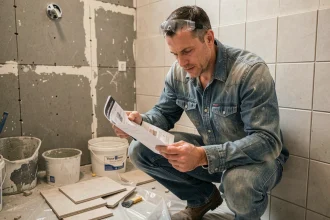 Bricoleur consulant un guide de rénovation salle de bain en cours de carrelage