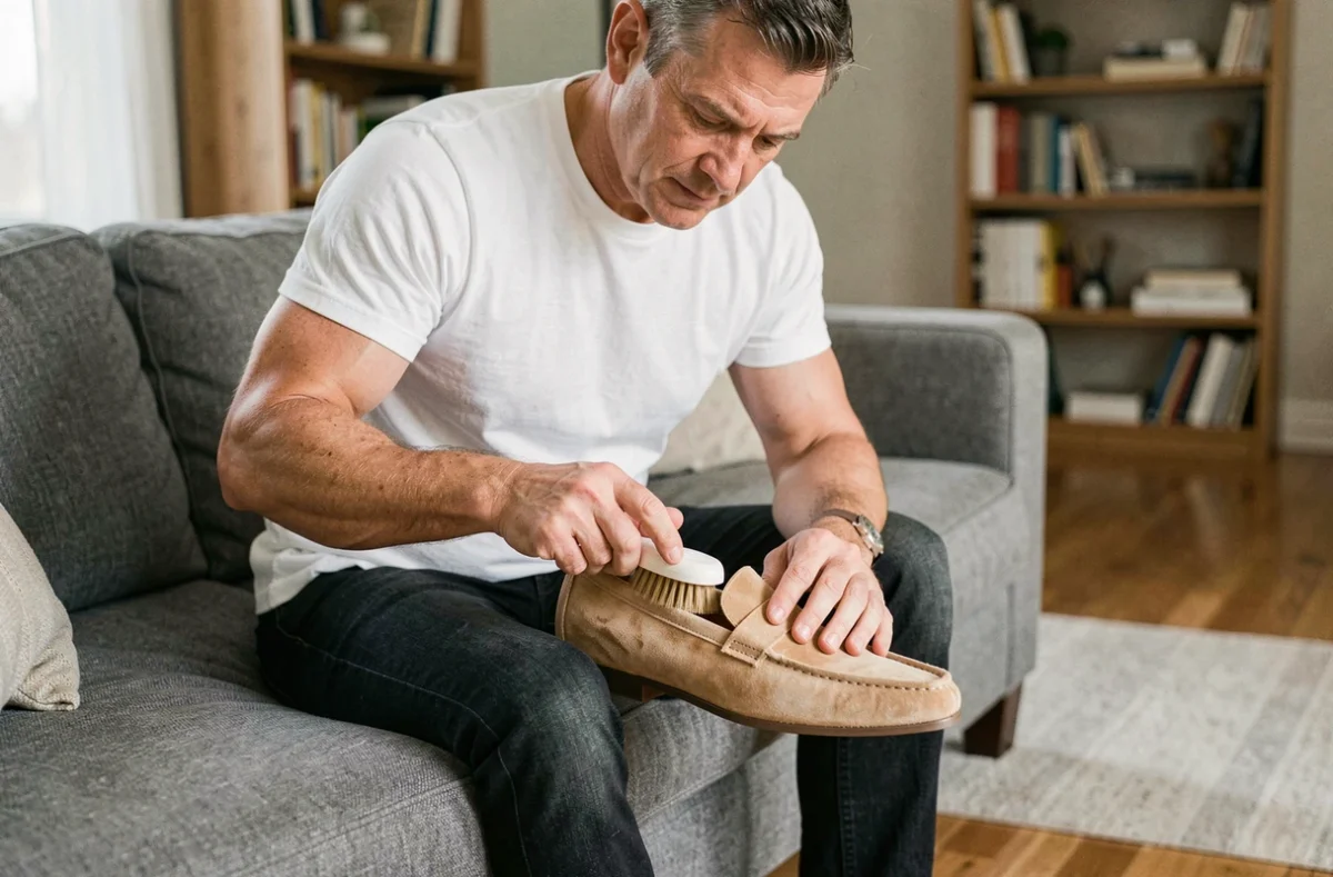 Homme utilisant une brosse spéciale pour retirer une tache sur un mocassin en daim clair dans un salon