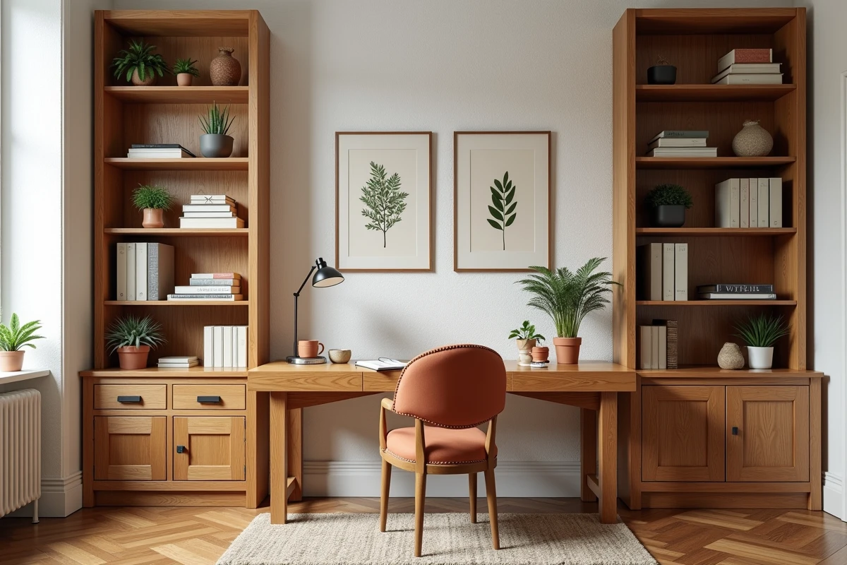 Bureau et bibliothèque en chêne massif artisanal dans un intérieur chaleureux, exemple de mobilier durable de qualité