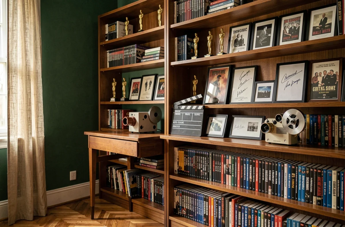 Bureau de maison aménagé en espace collection cinéma avec étagères de films, accessoires et affiches encadrées