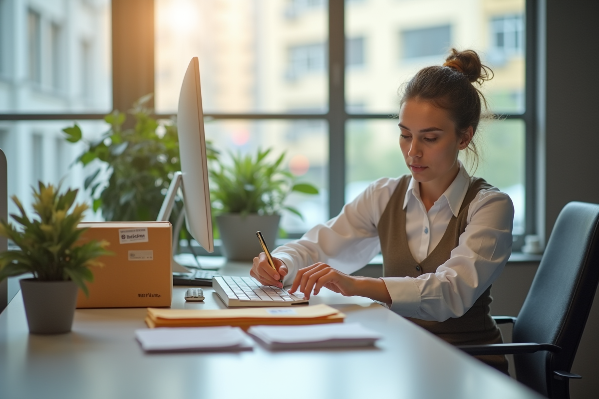 Employé de bureau triant des enveloppes avec étiquettes de transfert
