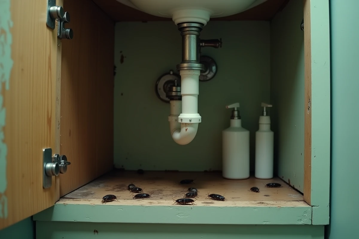 Cafards visibles sous l'évier d'une salle de bain avec tuyauterie humide et joint fissuré, montrant les conditions favorisant l'infestation d'insectes nuisibles