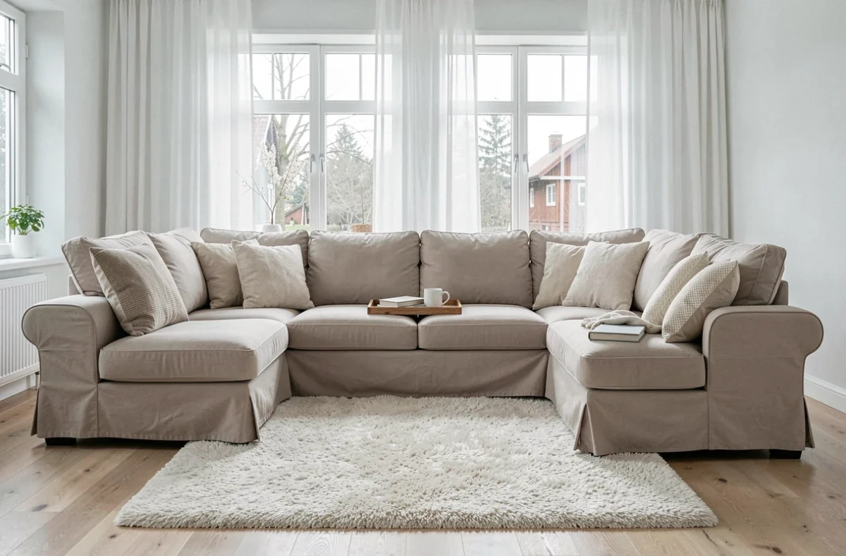 Canapé d'angle blanc entièrement recouvert d'une housse en L taupe dans un salon de style scandinave