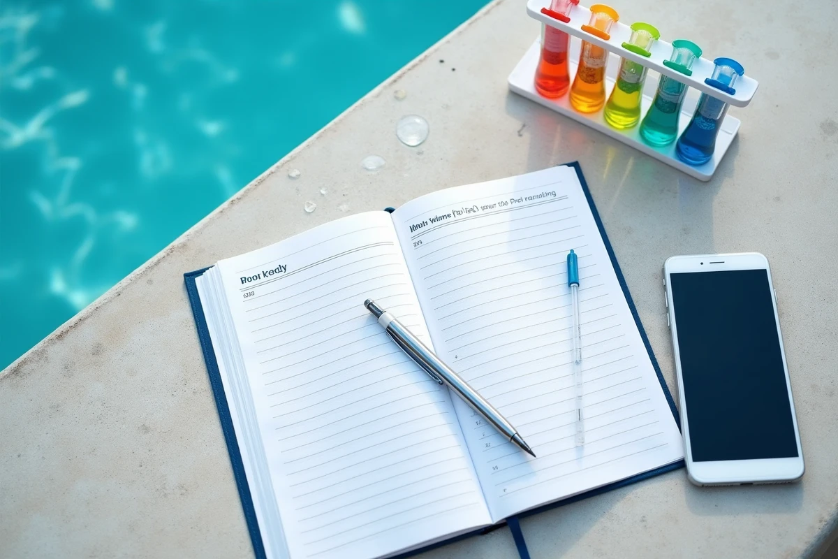 Vue aérienne d'un carnet de calcul de volume piscine avec kit d'analyse d'eau et smartphone sur table en béton