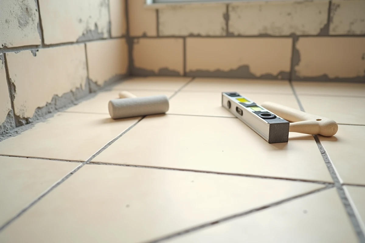 Sol en carrelage céramique fraîchement posé dans une salle de bain en cours de travaux avec niveau et maillet