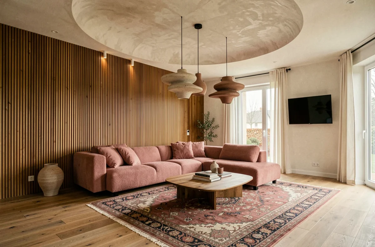 Intérieur tendance dans le Bas-Rhin avec canapé en bouclé rose poudré, lambris en noyer et plafond en plâtre sculpté par Casavog