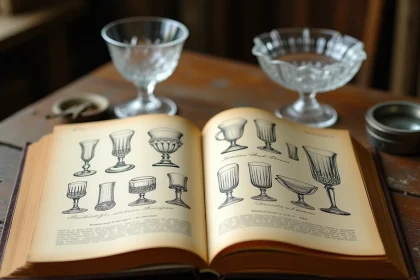 Catalogue ancien de la Verrerie Portieux ouvert sur une table en chêne avec des pièces en verre soufflé authentiques pour authentification