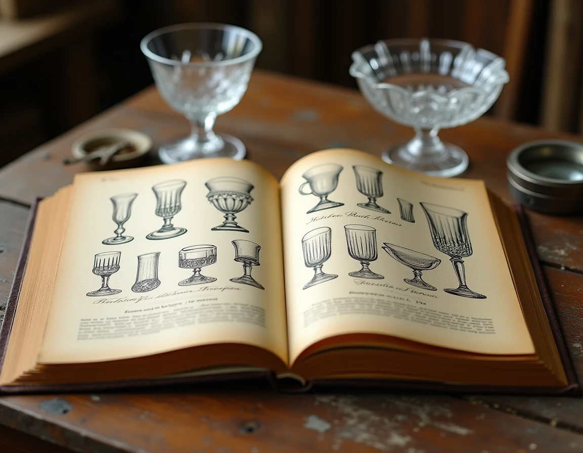 Catalogue ancien de la Verrerie Portieux ouvert sur une table en chêne avec des pièces en verre soufflé authentiques pour authentification