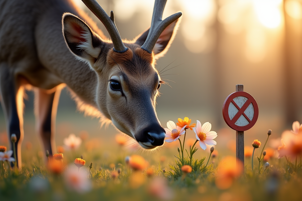 Cerf reniflant prudemment des fleurs protégées par un panneau de répulsif